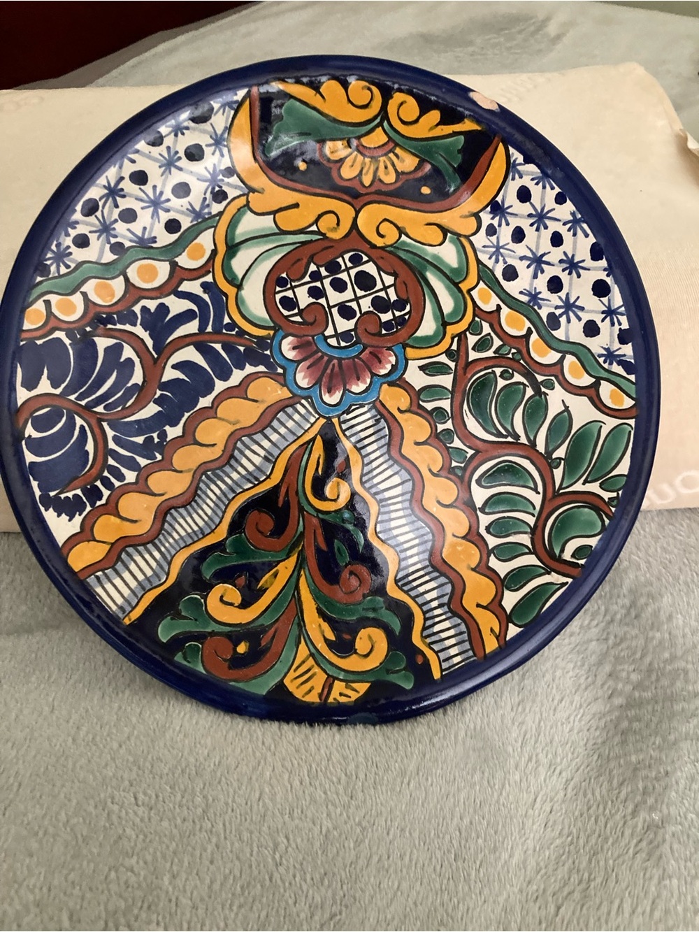 Hand-Painted Multicolor Ceramic Decorative Plate - Blue, Green & Yellow